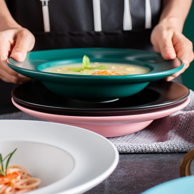 Ensaladera de Color bajo vidriado, plato de sopa de macarrón, plato de sombrero de paja para uso doméstico
