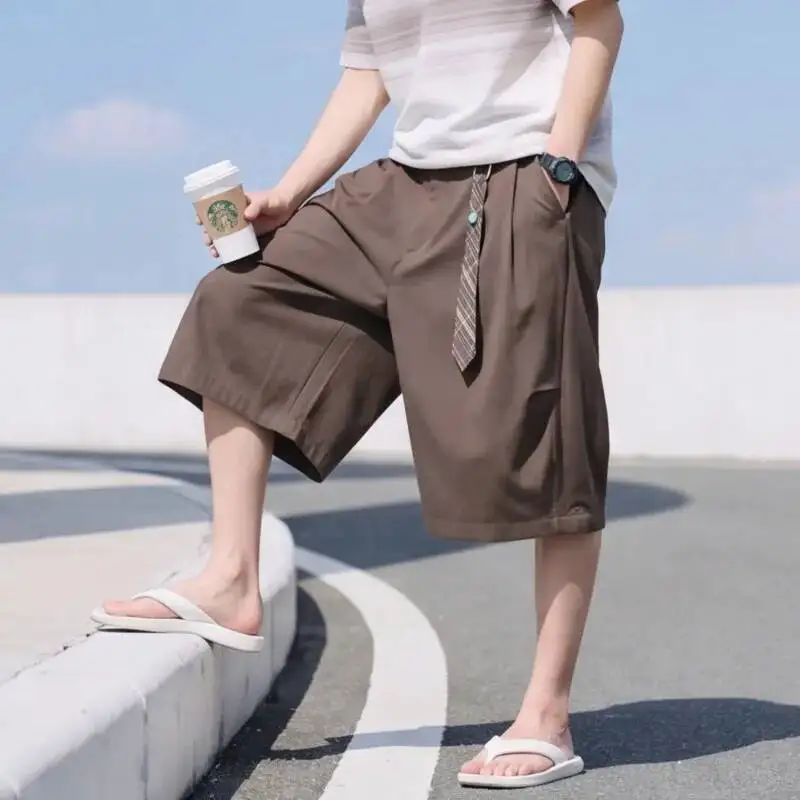 High Waisted Straight Leg Men's Suit Cropped Pants Vintage Casual Mid Length Shorts Summer Thin Simple Loose Bottoms 0UJF