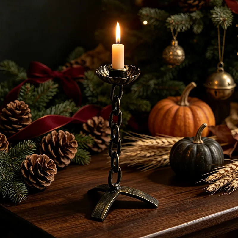 Retro Rough-And-Tumble Style Iron Chain Wrought Iron Candlestick Gothic Nostalgic Metal Candle Holder Tabletop Ornament Home Living Room Decoration Candle Holder