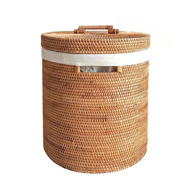 

rattan dirty clothes storage basket, bedroom toy clothes round bucket with lid, woven simple clothes basket