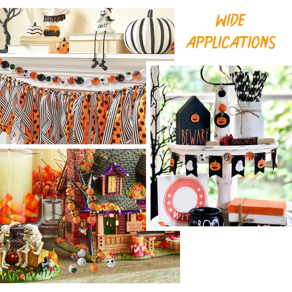 116pcs Round Large Hole Beads Natural Wooden Beads Halloween Pumpkin Word BOO Beads For DIY Jewelry Making Crafts Decorations