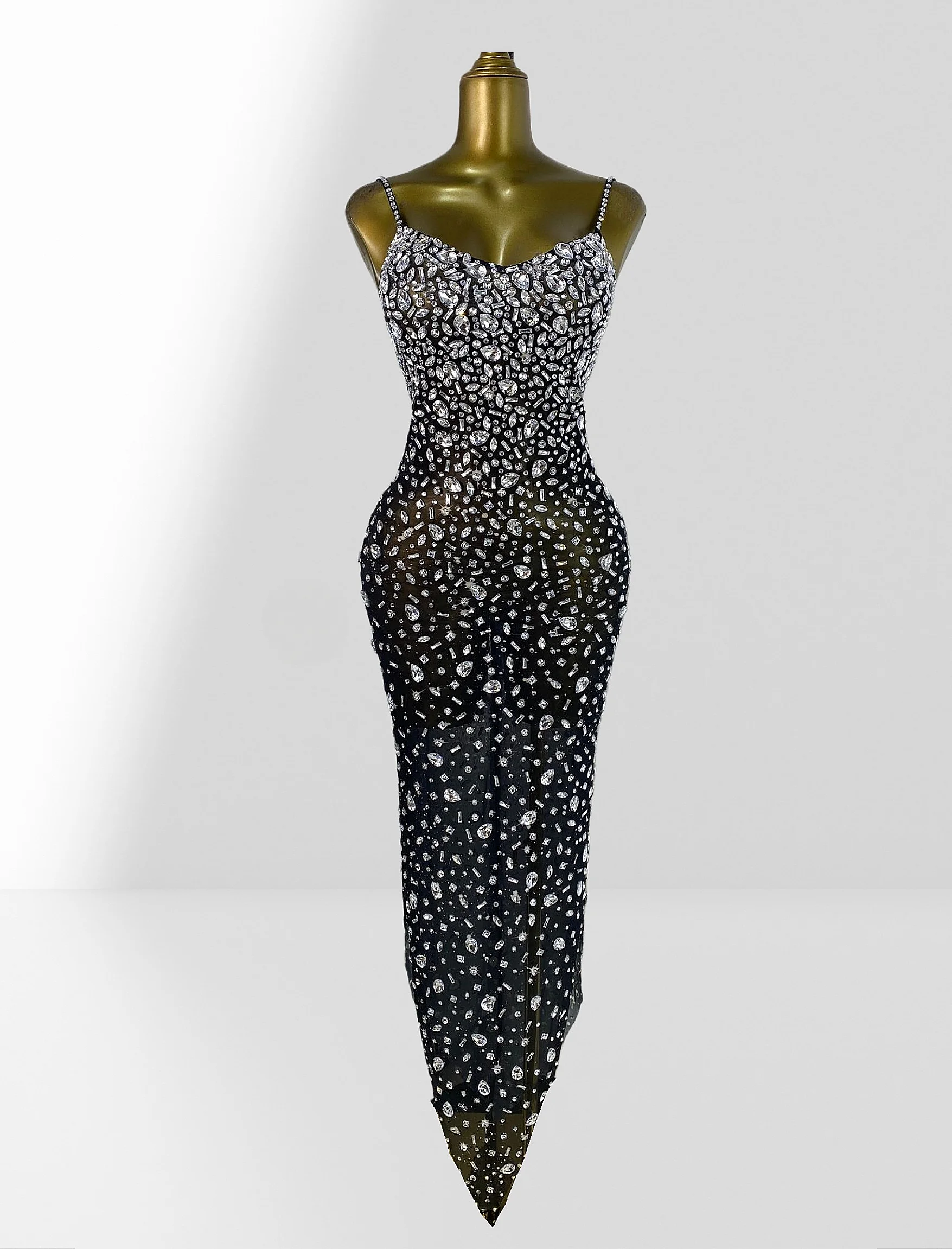 Luxury Sparkling Diamonds Mesh Sexy Throug Spaghetti Strap Dress  Fashion Woman Birthday Party Dress Stage Performance Costume