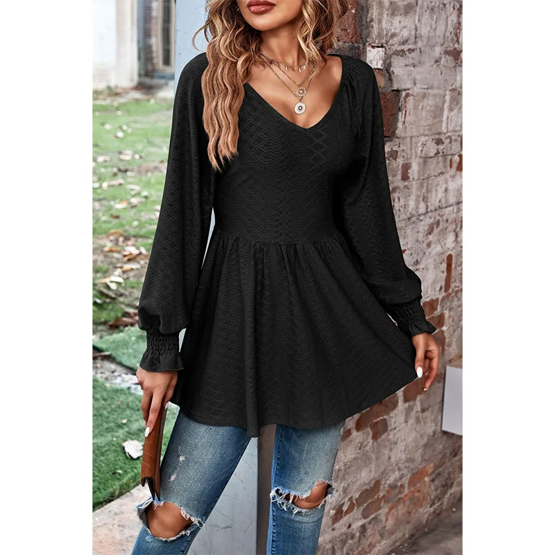 

Autumn Elegant Fashion Gentle Aesthetic Minimalist Young Style T-shirt Women V Neck Long Lantern Sleeve Solid Color Folds Top