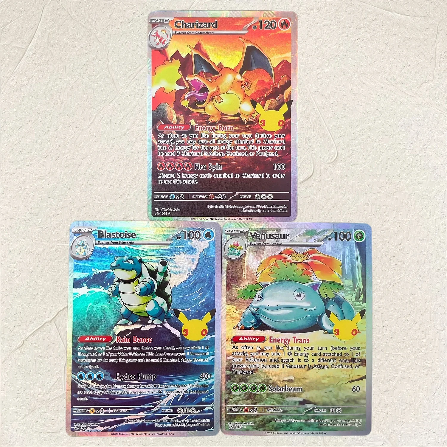 

Pokemon 3pcs (Charizard, Blastoise, Venusaur) DIY Holographic Foil Texture Card, Perfect Condition Premium Anime Collection Card