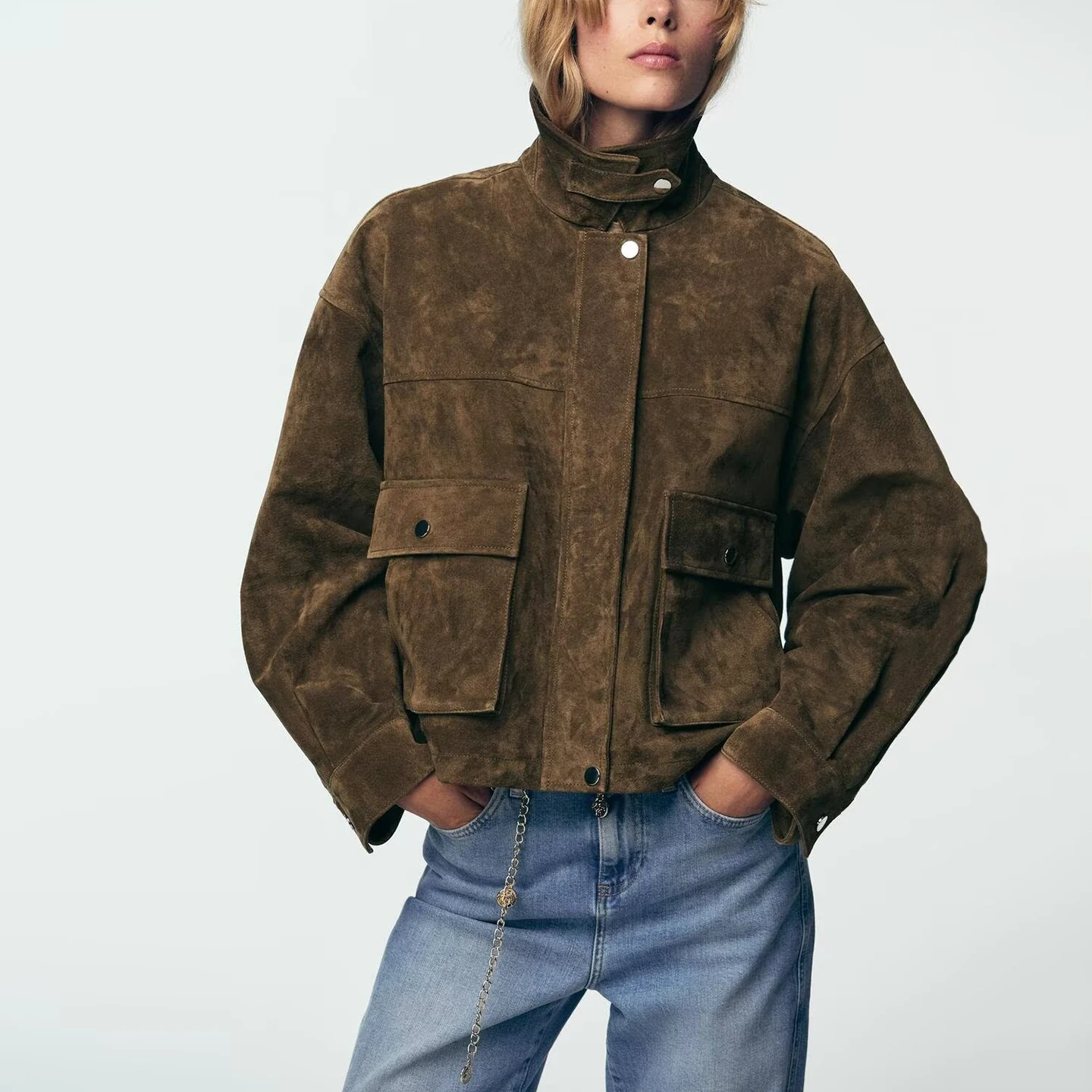 Damska kurtka pilotka ze skóry naturalnej Z, nowa kolekcja 2025, modna odzież wierzchnia, krój regularny, model 8073253.