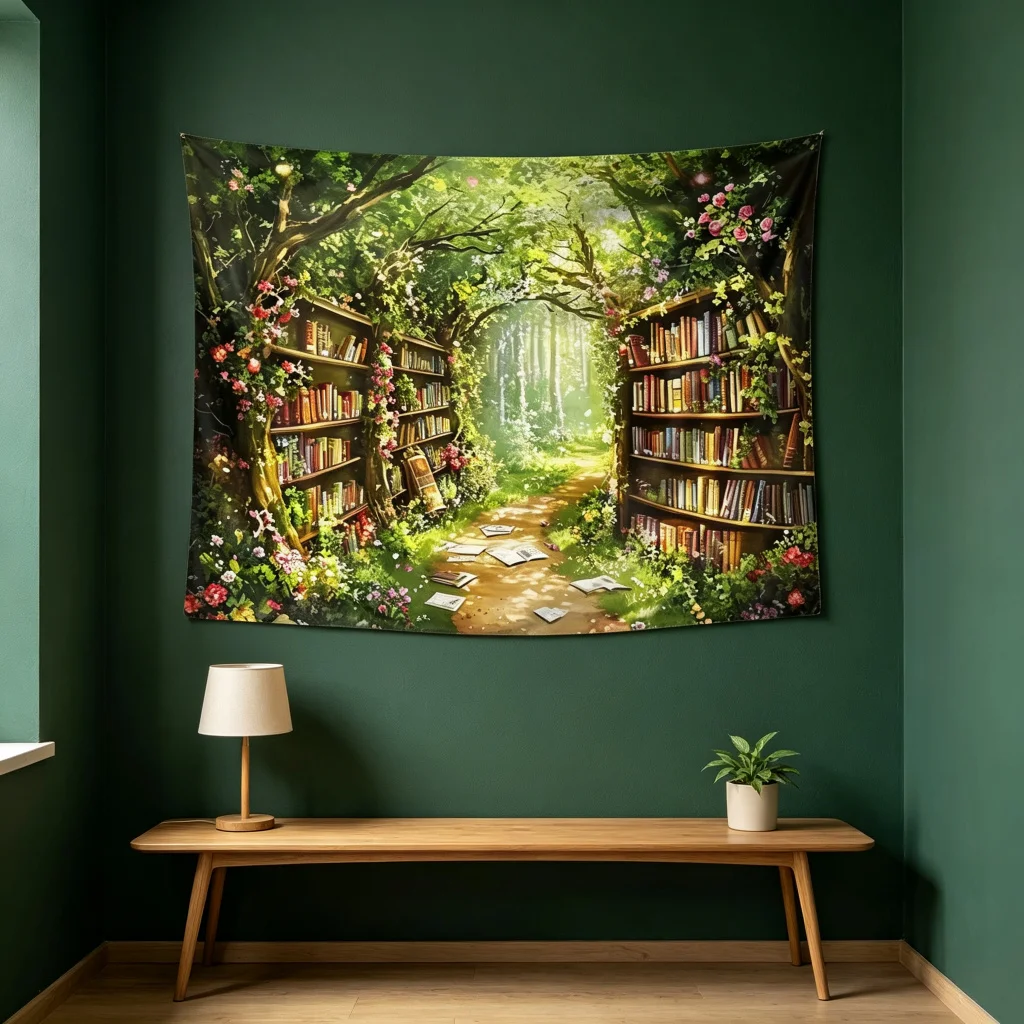 1PC Forest Bookshelf Print Backdrop Banner, Bedroom Living Room Photo Background, Polyester Wall Hanging, Home Decor, Wall Art