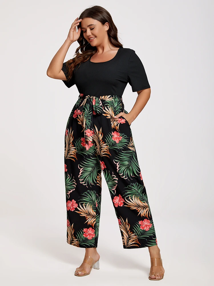 Abbigliamento taglie forti stampa tropicale collo quadrato tasca avvolgere pantaloni gamba larga tuta Patchwork donna Casual vacanza abbigliamento