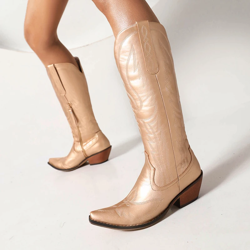 Shiny Two-Layer Pigskin Material Champagne Gold Embroidered Western Boots Side Zipper Pointed Thick Heel Mesh Inner Knee Boots