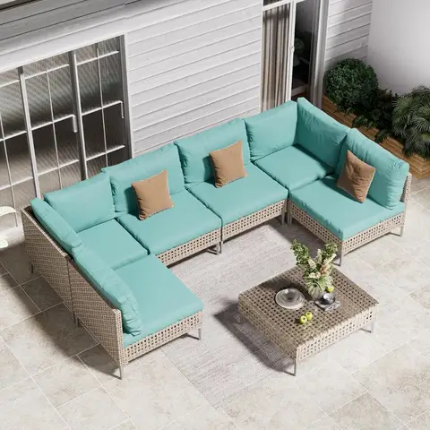 7-Piece Wicker Patio Furniture Set, Boho Outdoor Conversation Set Sectional Sofa with Water Resistant Thick, Customized