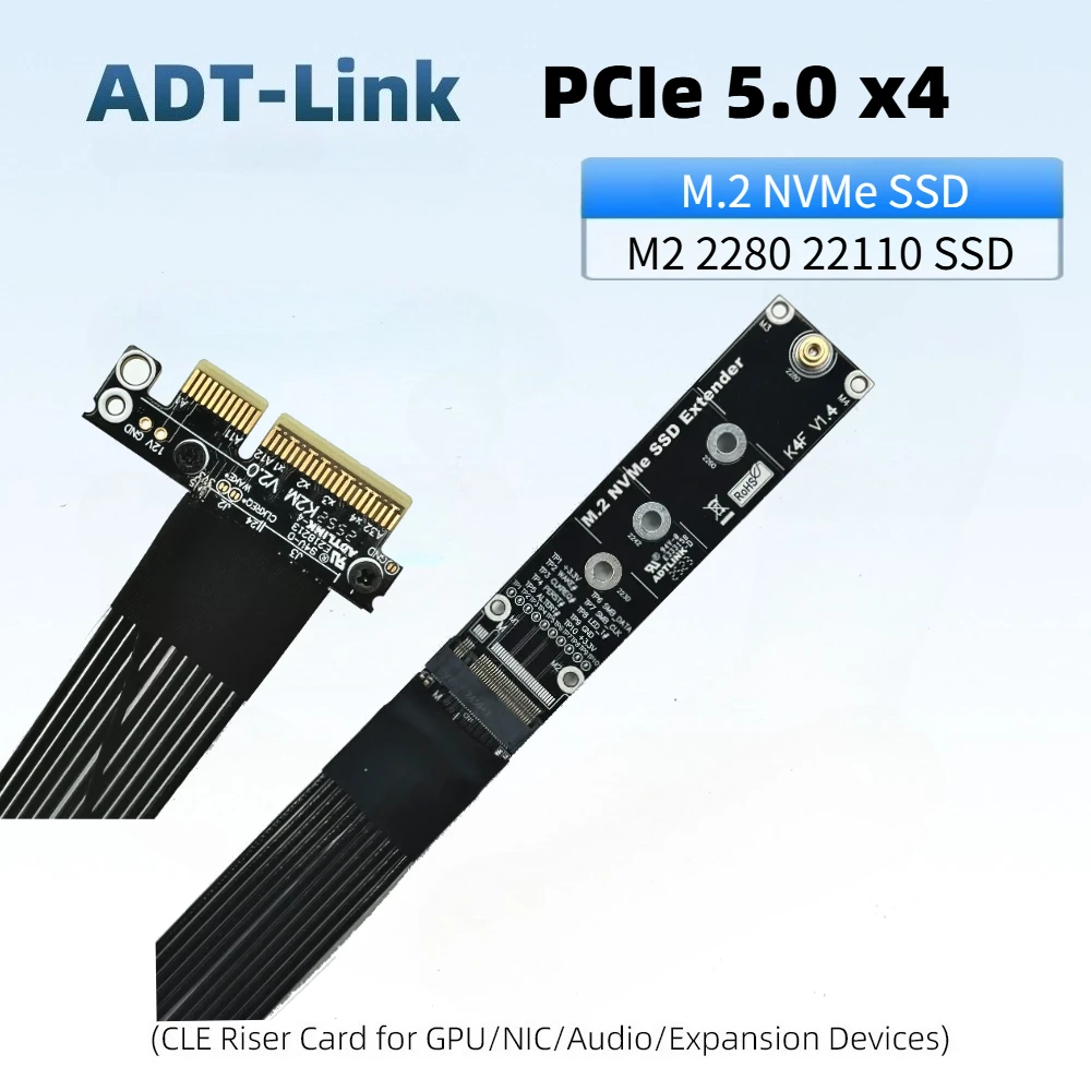 ADT-Link PCI-E 5.0 X4 Gen5 M.2 NVMe SSD Solid State Drive Riser Adapter M.2 M Key 4X 128Gbps Extension Cable Supports 22110 2280