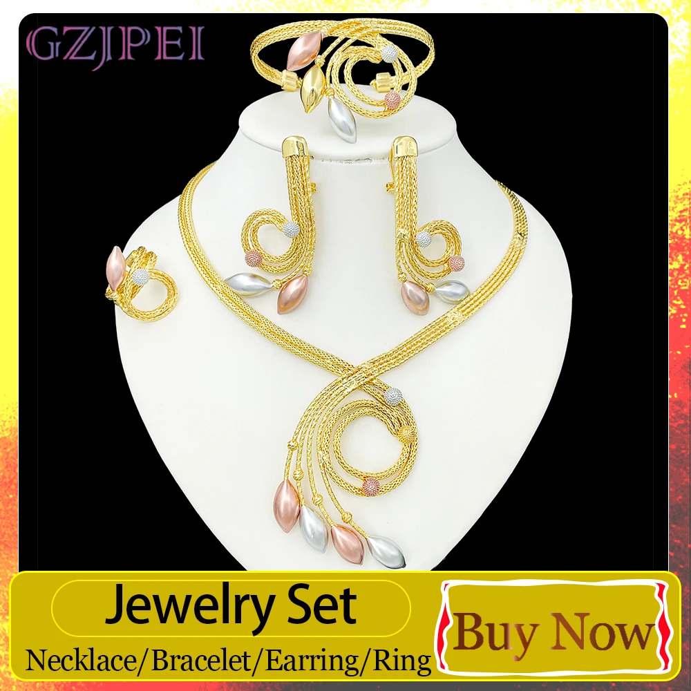 GZJPEI 4 Pcs/Set Multicolor Teardrop Twist Mesh Jewelry Design For Women Luxury 18K Gold Plated Bridal Wedding Statement Jewelry