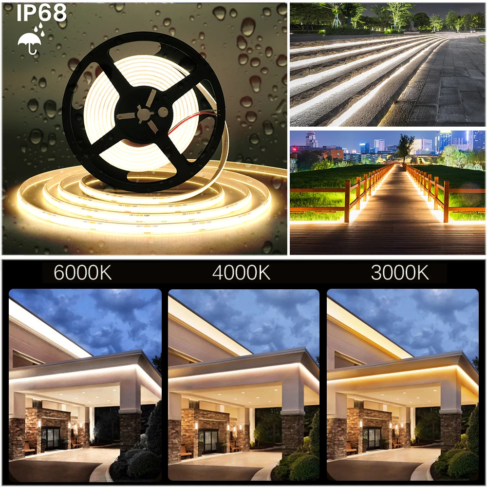 IP68 กันน้ํา COB Strip 12V 24V 320 LEDs/M RA90 3000K 4000K 6000K Home Garden Decor ริบบิ้นเชือก LED Light 1M 10M 20M