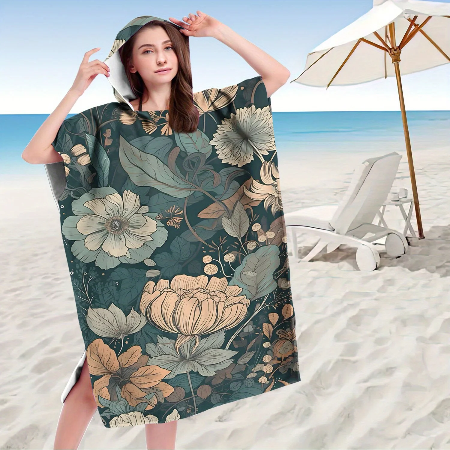 

1pc Vintage Floral Print Hooded Towel Poncho, Quick Dry Polyester Beach Changing Robe, Matching Family/Couple Swim Poncho for Su