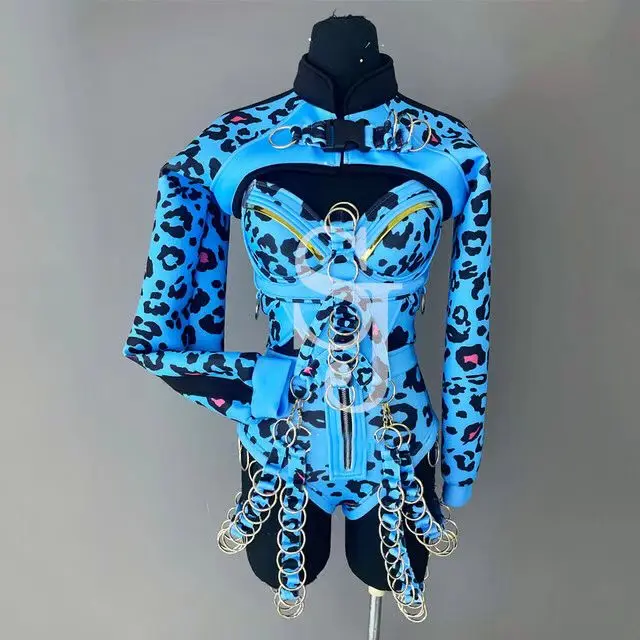 

Pole Dance Costume Women Blue Leopard Chain Bodsyuit Sexy Gogo Dance Clothing Rave Outfit Dj Ds Stage Performance Wear