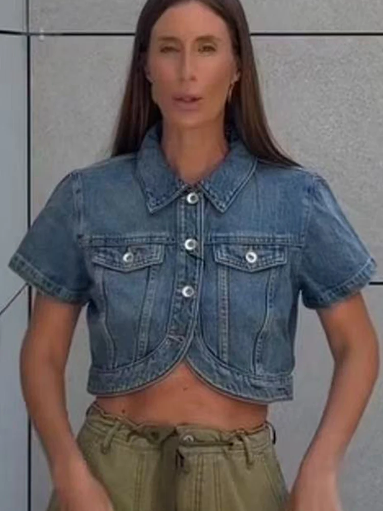 Schicke kurze Jacke für Damen, lässige Kurzarm-Jeansjacken, neue sommerliche dünne einreihige Jeans-Oberbekleidung, Damenkleidung