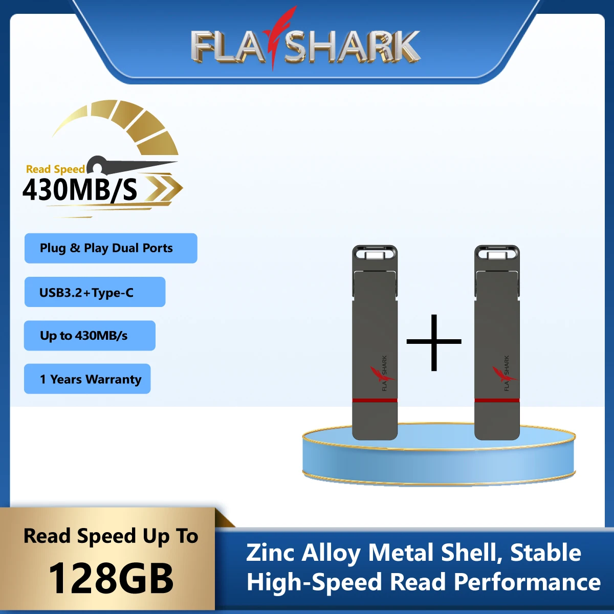  FLASHARK 128GB USB3.2 Gen1 Solid State Pen Drive 430MB/s High Speed Metal Casing USB-C OTG Flash Memory Stick（ 2 pieces ）