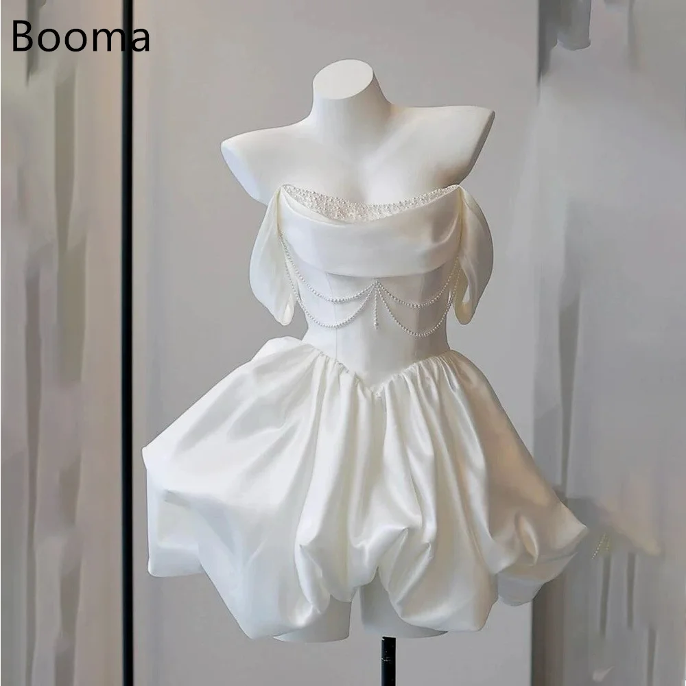 

Booma A-Line Simple Off The Shoulder Pearls Elegant Wedding Dresses Sleeveless Mini Brides Gown Custom Made 2025