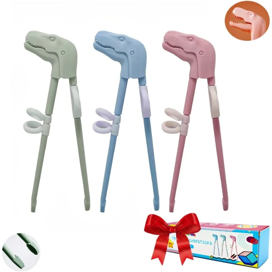 

Training Chopsticks for 3 Pairs Reusable Chopsticks Cute with Dinosaur Head Nonslippery Indented Tips and Adjustable Finger Loo