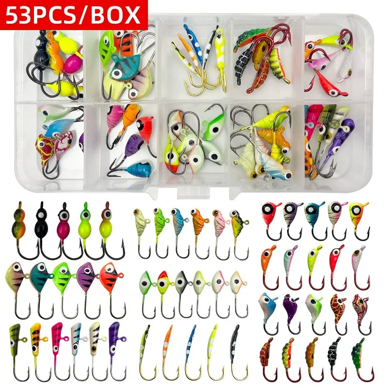 53 Pcs/box Luminous Ice Fishing Hook Set Winter Fishing Hooks Ice Fishing Lures Lure Bait Hooks