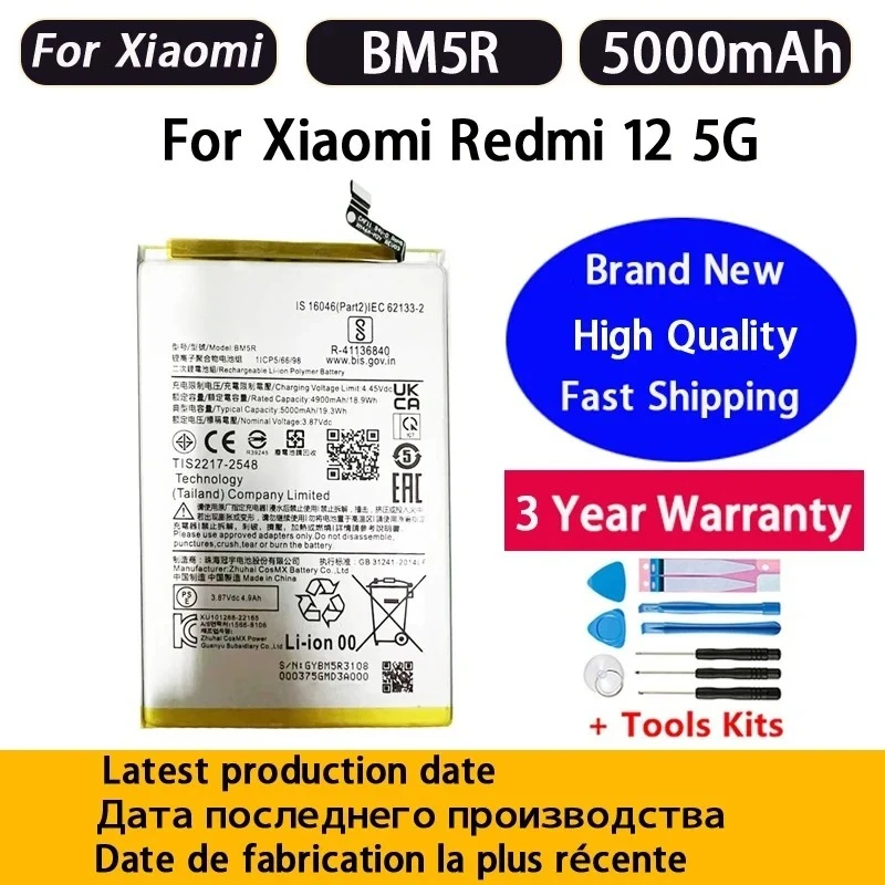 NOVA Bateria BM5R de 5000mAh com Envio Rápido para Celular Xiaomi Redmi 12, Baterias de Substituição + Ferramentas Grátis