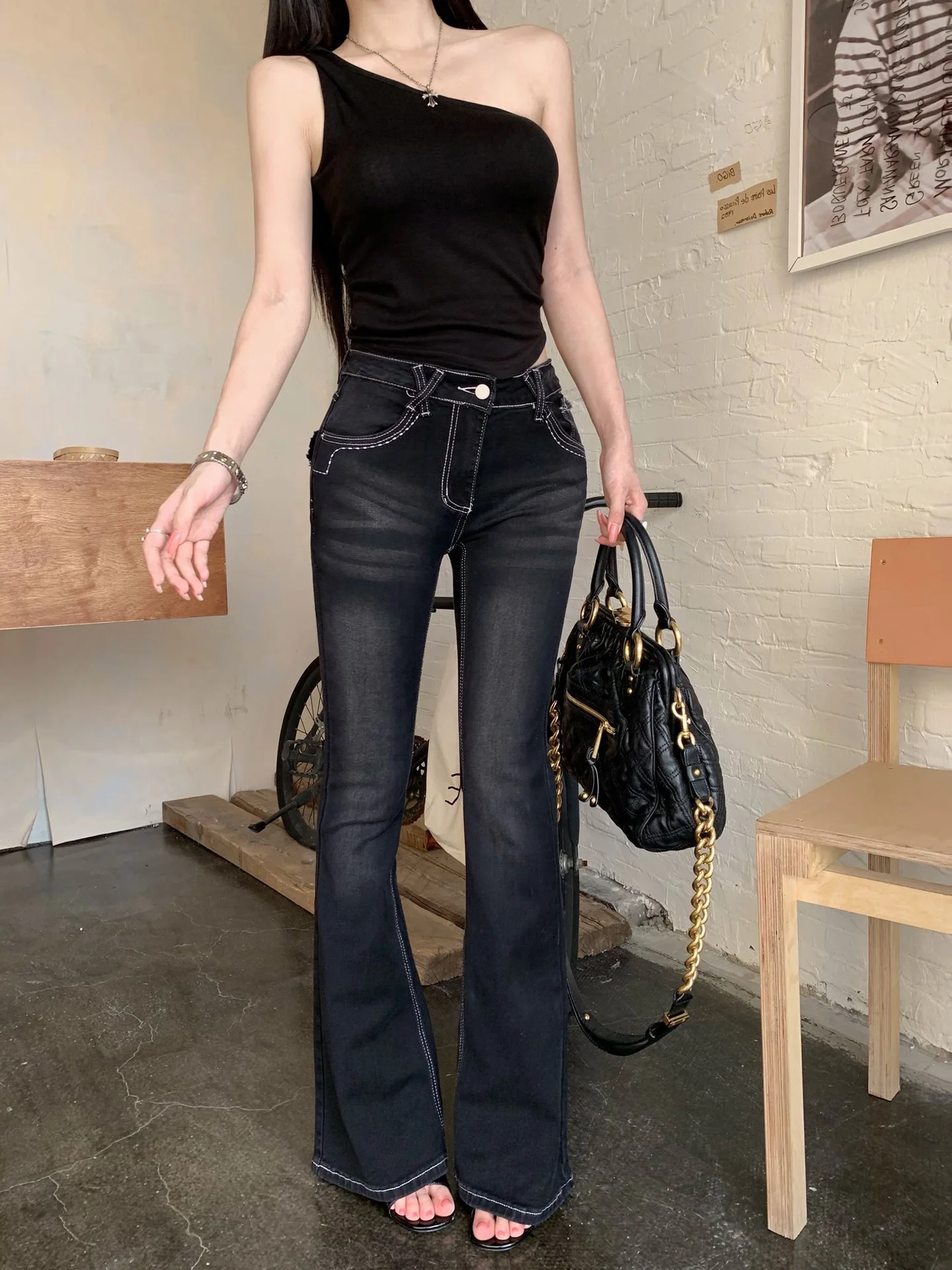 American Style Low Waist Slimming Bell Bottom Jeans Women's Elastic Casual Long Pants Fall Season Fashion Ladies Jeans