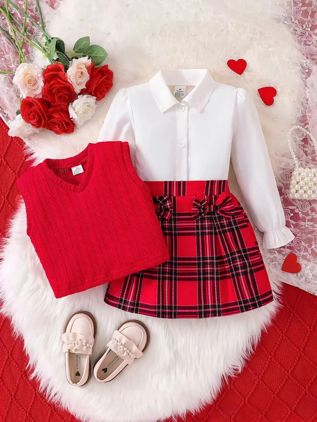 Children's Cute Three Piece Set  Spring and Autumn New Girl Fashion Knitted Red Tank Top+Lace Collar Lining+Checkered Half Skirt
