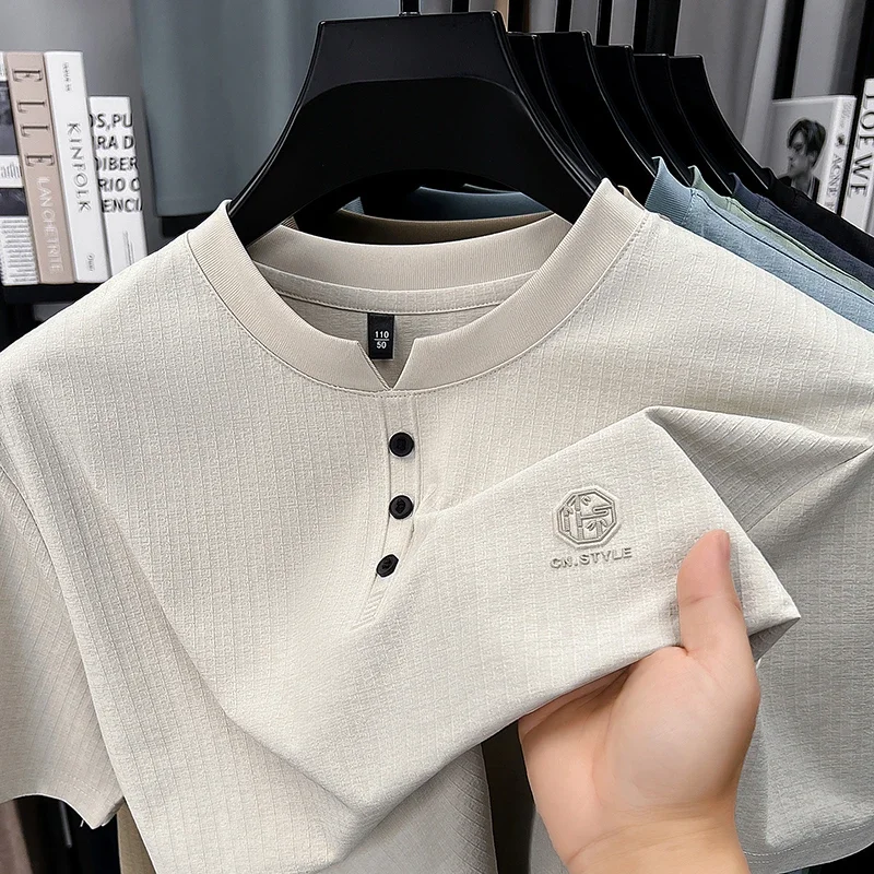Casual Henley Style T Shirt For Men Lightweight Slim Fit Short Sleeve With Small Logo Suitable For Business Casual Occasions