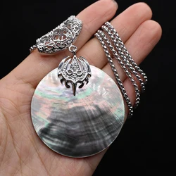 Simplicity Exaggeration Natural Black Shell Round Big Pendant Necklace Retro Style Sweater Necklace Charming Women Jewelry Gift