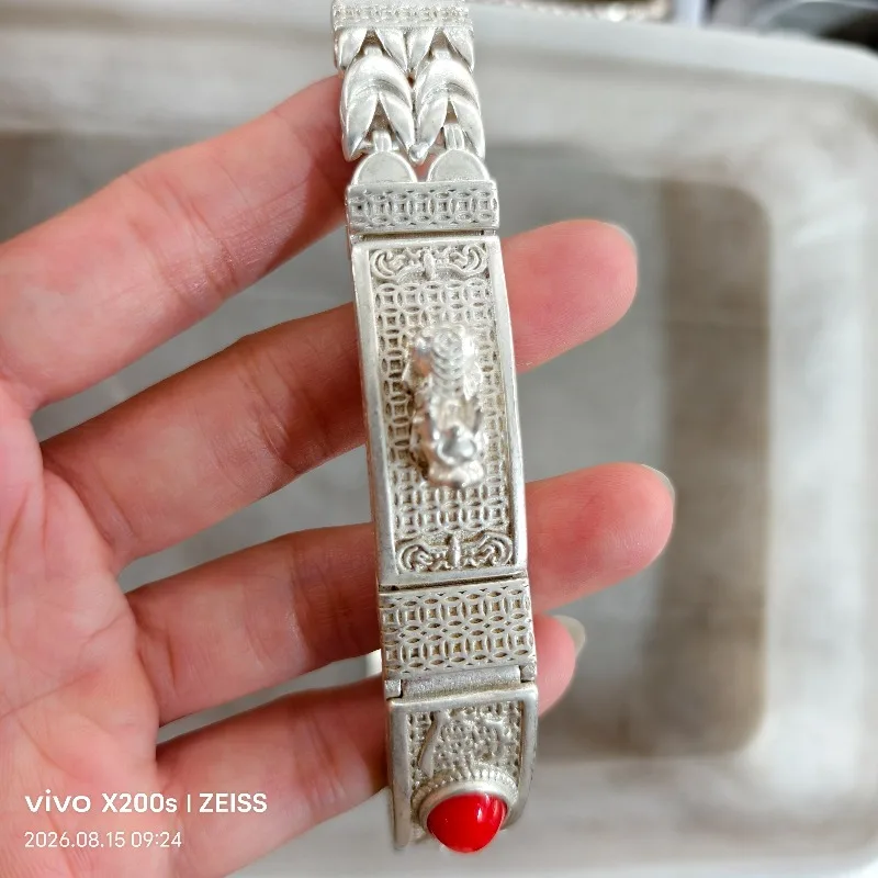 Men Retro Tibetan Silver Pi Xiu Bracelet Silver‑plated Thai Silver Fortune Trans‑luck Vintage Fashion Wrist Accessory