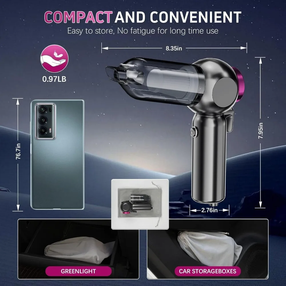 مكنسة كهربائية محمولة للسيارة لاسلكية، مكنسة كهربائية محمولة 9 في 1 مع ضوء LED بقوة 16000 باسكال، مكنسة كهربائية صغيرة لغبار الهواء