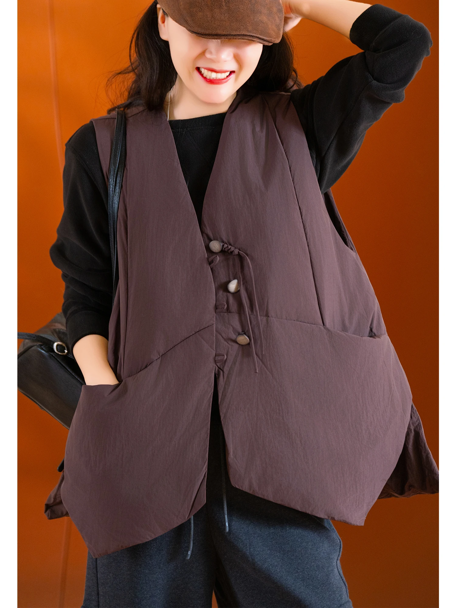 

Loose Fit White Du down Vest Tailored Tassel Button A-Line Sle Commute Wind Pure Color Nylon Fiber Chinese New National S...