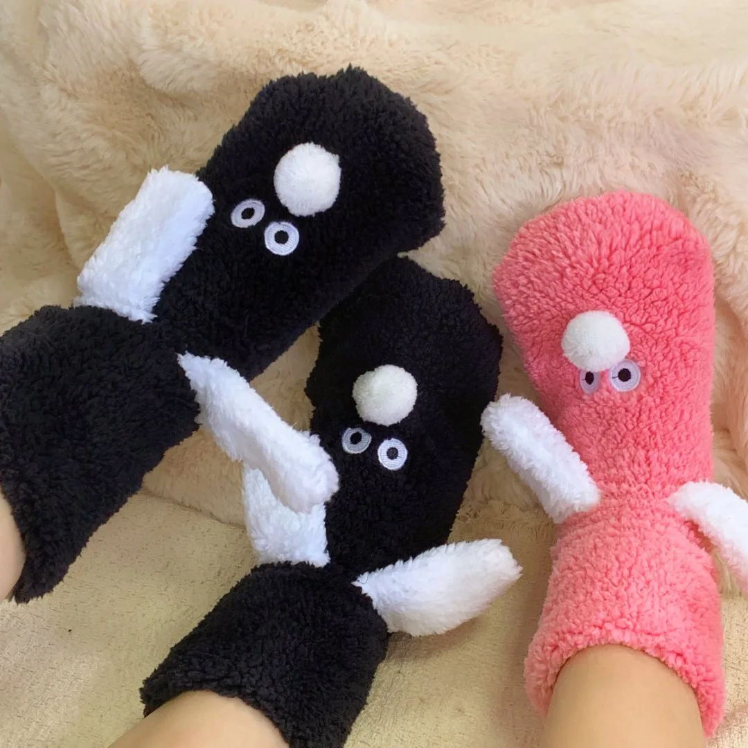 New women cartoon winter Legs Warmer sherpa fleece floor socks, thickened warm sleeping socks with adhesive Non-slip foot