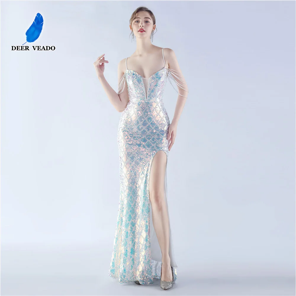 

DEERVEADO Woman Deep V-Neck Sequins Evening Dresses Elegant Mermaid Strap Wedding Party Dresses Long Prom Dress Gala Gowns