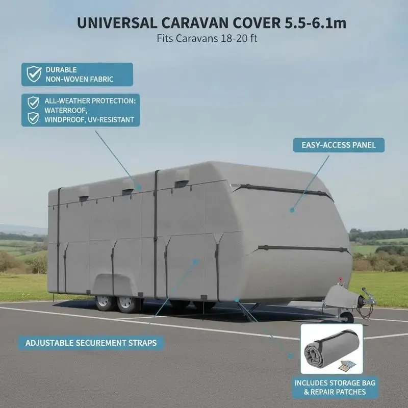 Housse de protection pour caravane 253 cm en tissu non tissé de haute qualité, couverture robuste à quatre couches avec sangles, pochette de rangement et patchs de réparation, ajustement personnalisé pour camping-cars de 5,5 à 6,1 m, stable