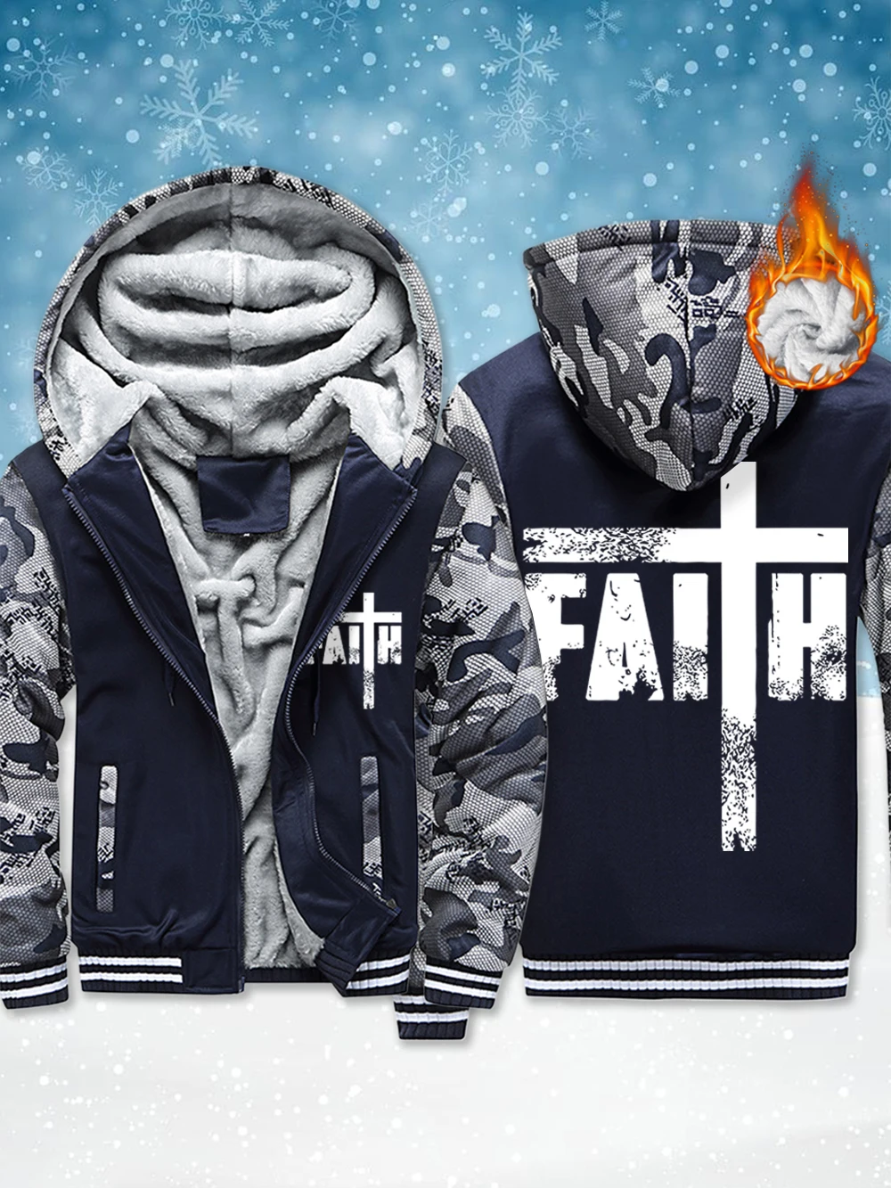 

Faith The Cross Printing Mens Zipper Coats Winter Fleece Warm Thicken Jackets Windproof Thermal Outerwear Casual Men'S Clothes