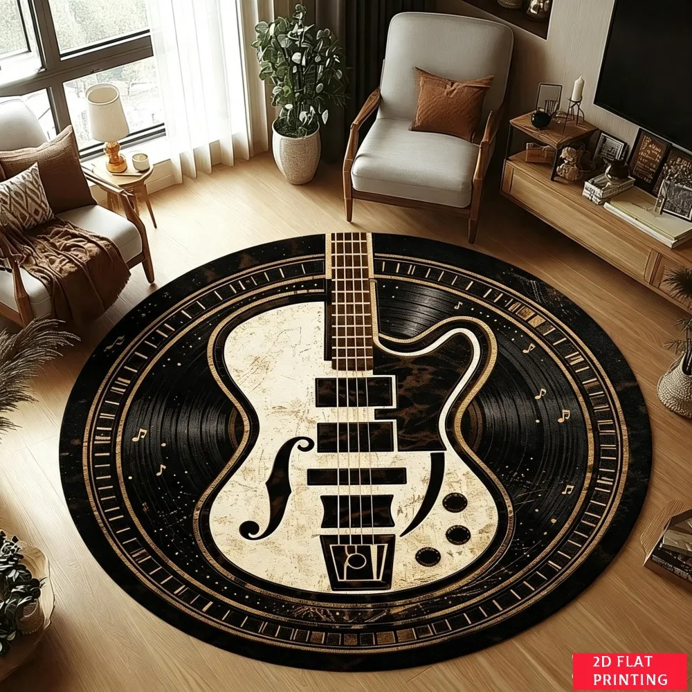 Vintage Electric Guitar Vinyl Record Gold Accent Round Carpet For Music Lover Room Featuring Retro Instrument Printed Carpet