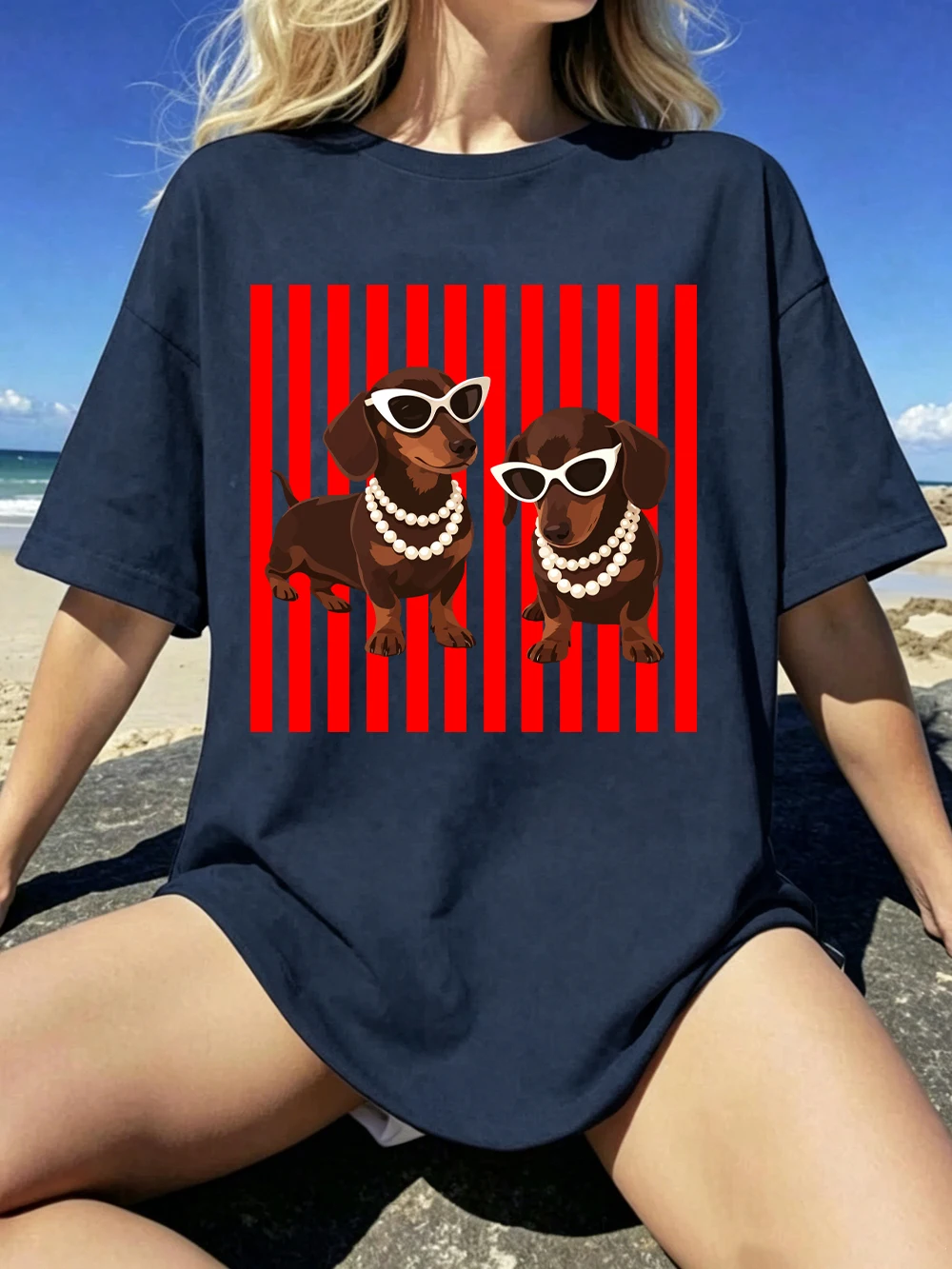Pearl Dachshund Hundemotiv T-Shirts Baumwolle Damen Sommer Kurzarm T-Shirt Lässige Weiche Oversized Tops Basic O-Ausschnitt Kleidung – Detail 29