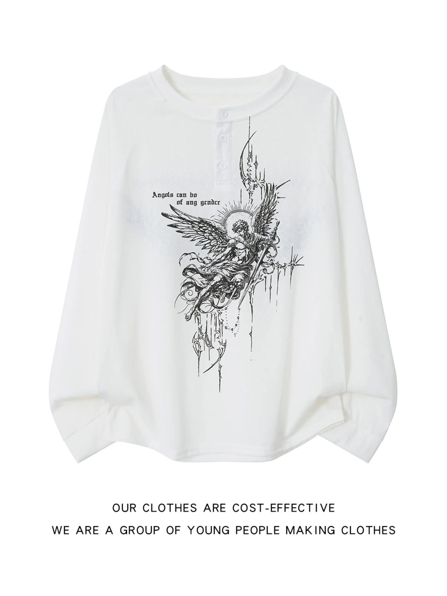 Loose Fit Long Sleeve Henry Collar T-Shirt Men's Early Autumn Angel Print Casual Top Youth Trendy Brand Shoulder Width Normal