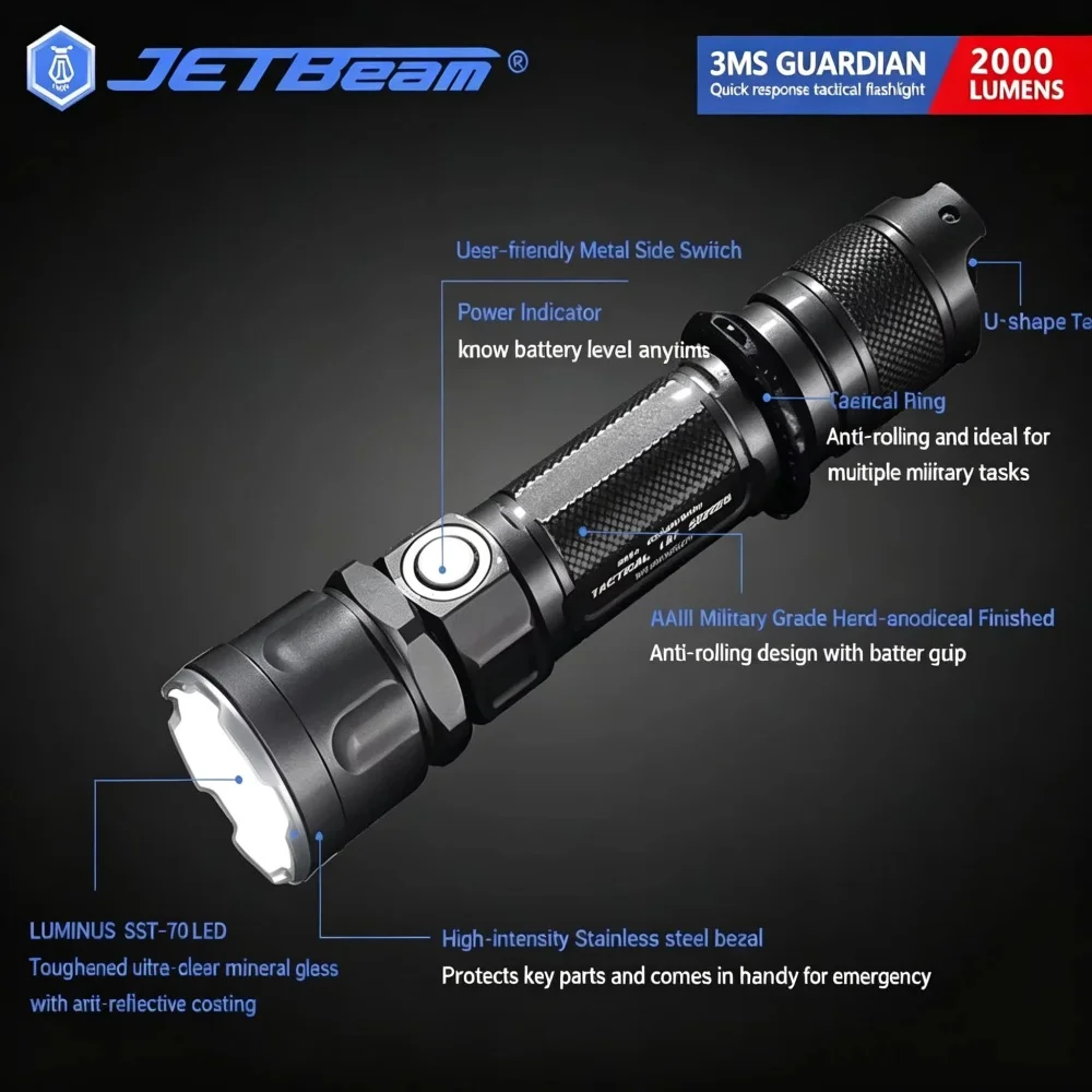 Jetbeam 3MS Guardian EDC Tactical Torch Max 2000 Lumens 321M Beam Distance Type-C Charging IPX8 Waterproof Flashlight