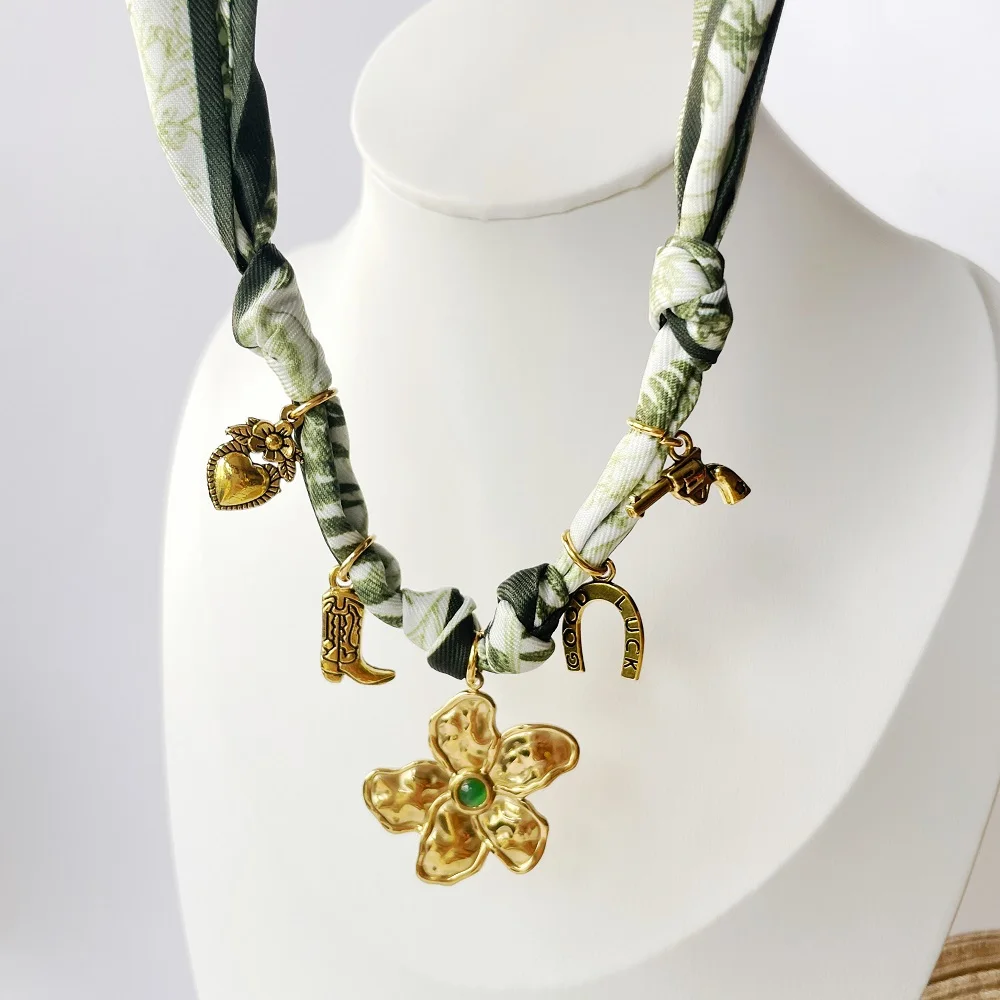 Trendy Boho Bandana Scarf Necklace for Women – Fashion Fruit Flower Sun Heart Charm Pendant Neck Wrap Jewelry