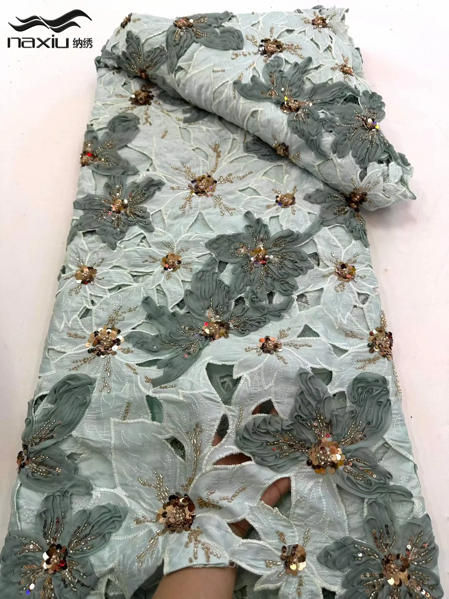 

Madison Luxury African Chiffon Lace Fabric 5 Yards Lace Beaded Tulle Lace Fabric Embroidered Nigeria Fabric for Wedding Dress