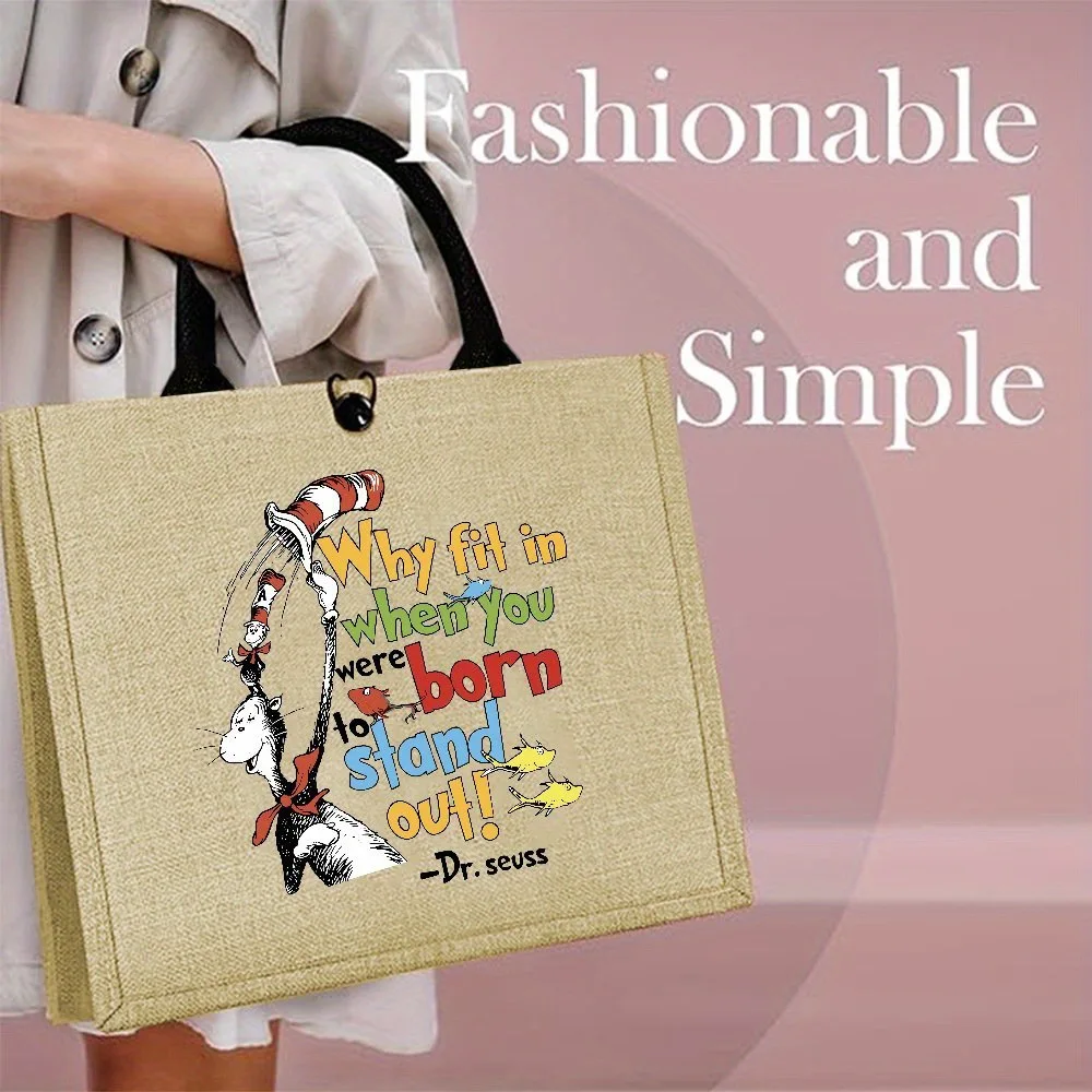 Dr Seuss Quote Print Linen Tote Bag Why Fit in When You Were Born To Stand Out Reusable Shopping Handbag Teacher Gift Bag