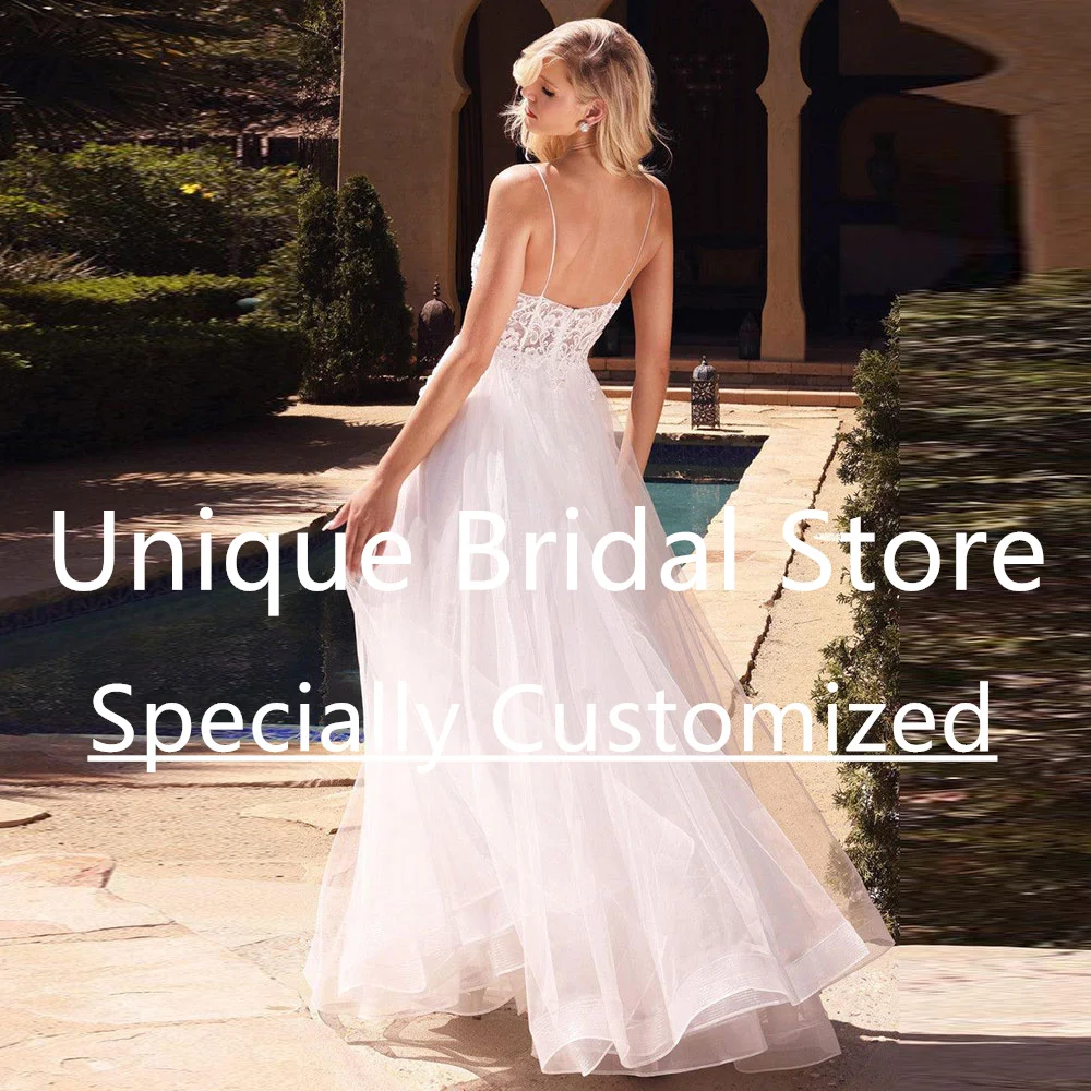 Exquisite A Line Tulle Wedding Dress V-Neck Spaghetti Strap Zipper Brush Train Sleeveless Applique Beautiful Bridal Gown