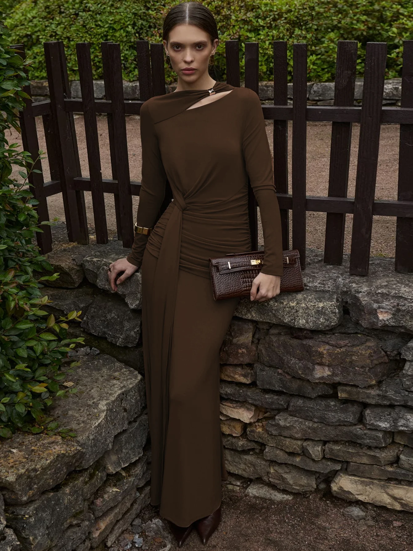 Hugcitar Frauen Elegante O Hals Langarm Geraffte Sexy Solide Maxi Prom Kleid Herbst Winter Kleidung Geburtstag Party Festival