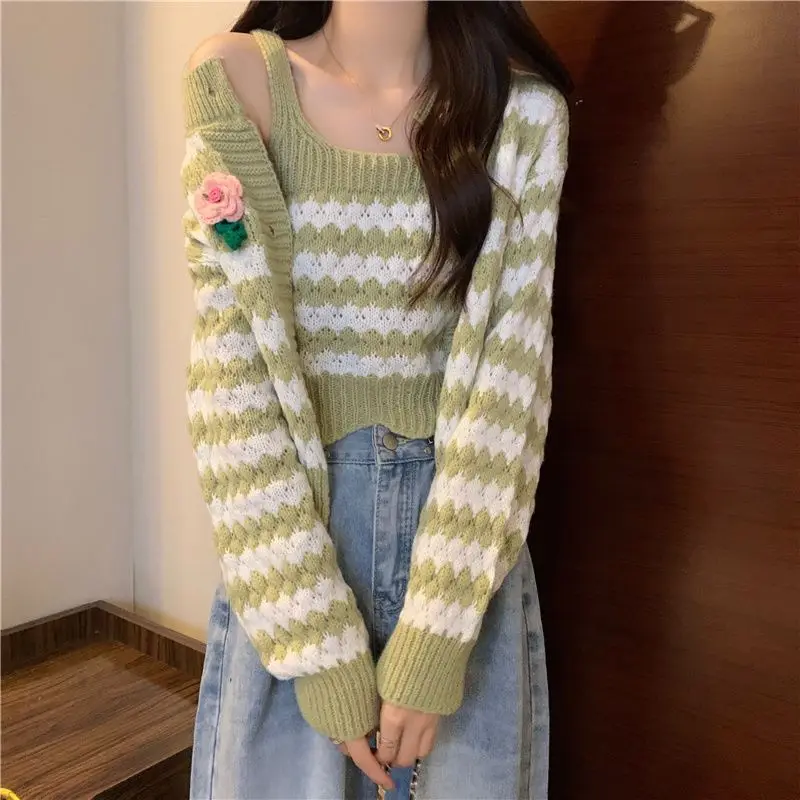 Korean Chic Retro Striped Knitted Cardigan Cropped Sweater Suspender Camis Suit Two-piece Set Button Tops Casual Casaco Feminino