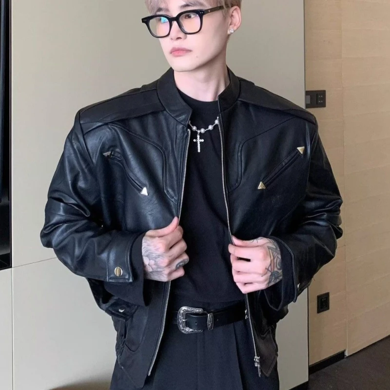 

Premium PU Leather Biker Jacket Short Black Stand Collar Coat for Men Women Retro Style Loose Fit High Quality Outerwear​
