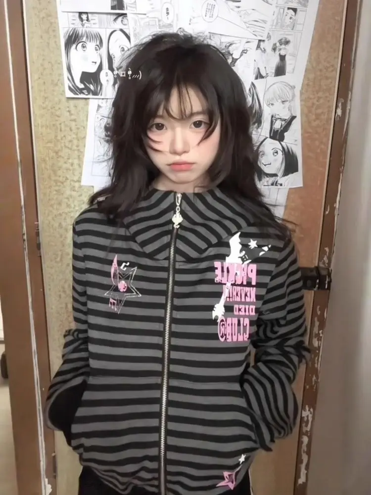 

Black Streetwear Hoodie Women's Clothes Letter Skull Print Zipper Y2k Coat Harajuku Japanese Sweatshirts Jacket Tops Ropa Mujer