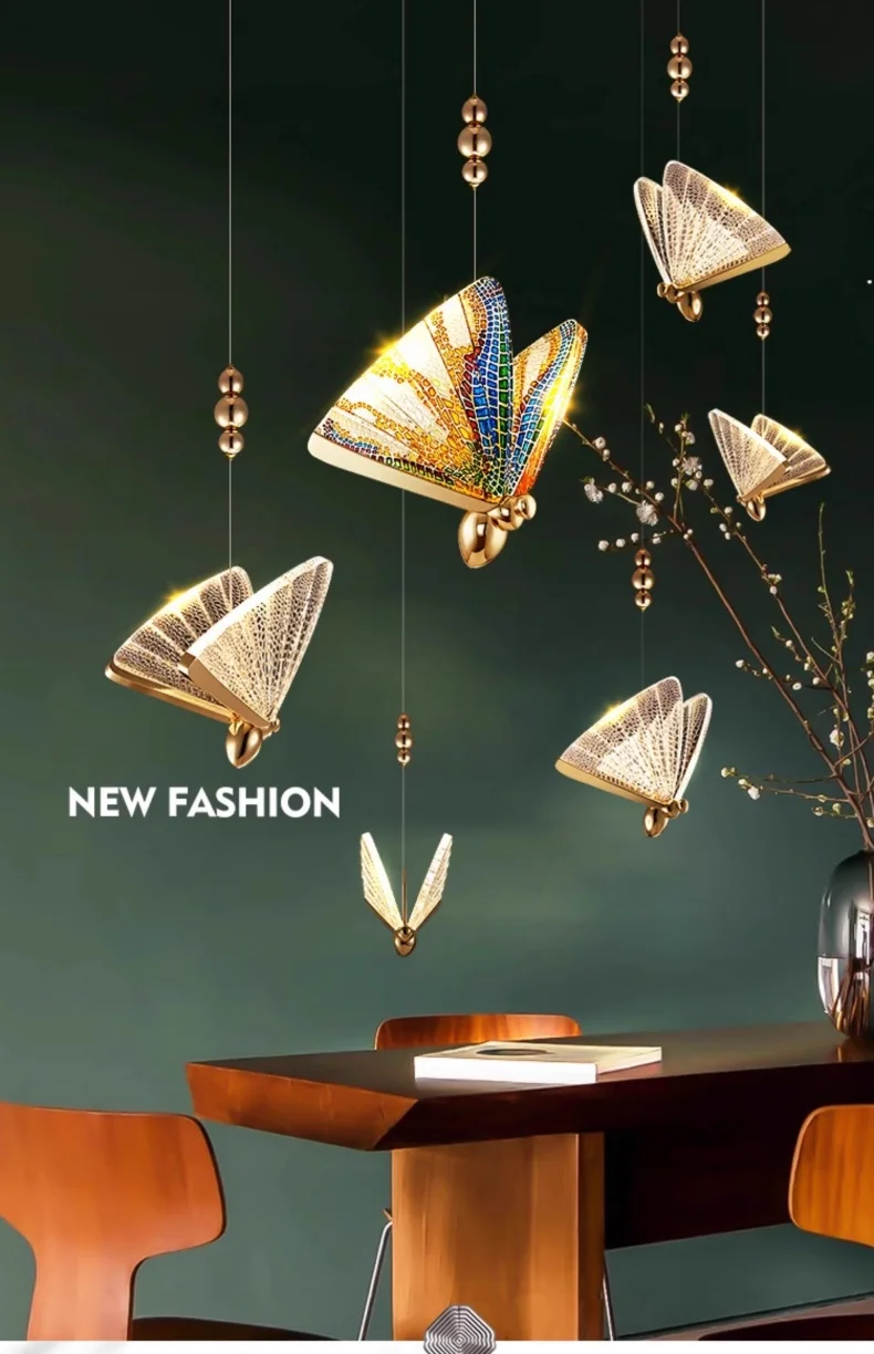 

Led Creative Pendant Light Dining Room Kitchen Island Luxury Colorful Butterfly Crystal Lamp Modern Home Decor Staircase Lustre