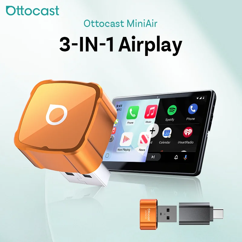 Ottocast Mini Air Mirroring Carplay Adapter Wireless Android Auto Carplay Smart AI Box 3 In 1 Wireless CarPlay With OTA Upadate USB Wirless Type-C Plug Play  Accessories With Youtube Tiktok