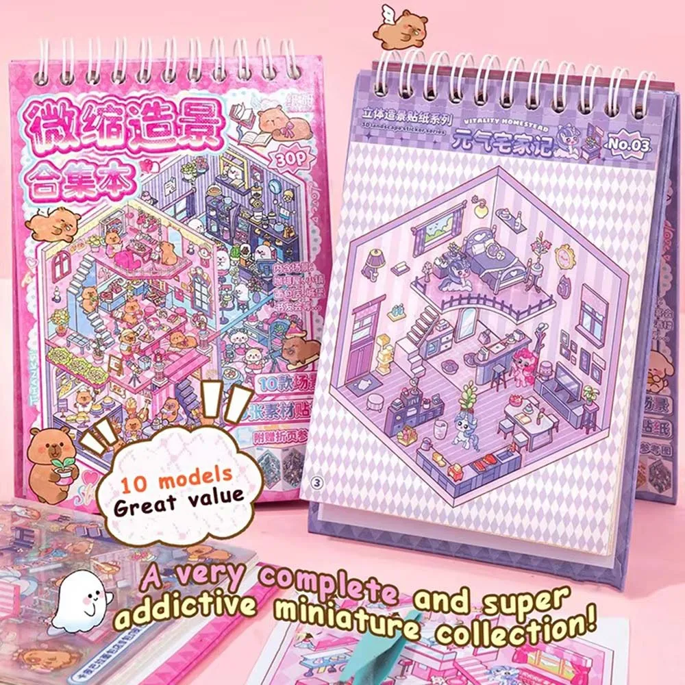 Kawaii 3D Cute Cartoon Animals Miniature Scene Visual Stacking Sticker Book DIY Scenes Creative DIY Stickers Stress Relief Gift